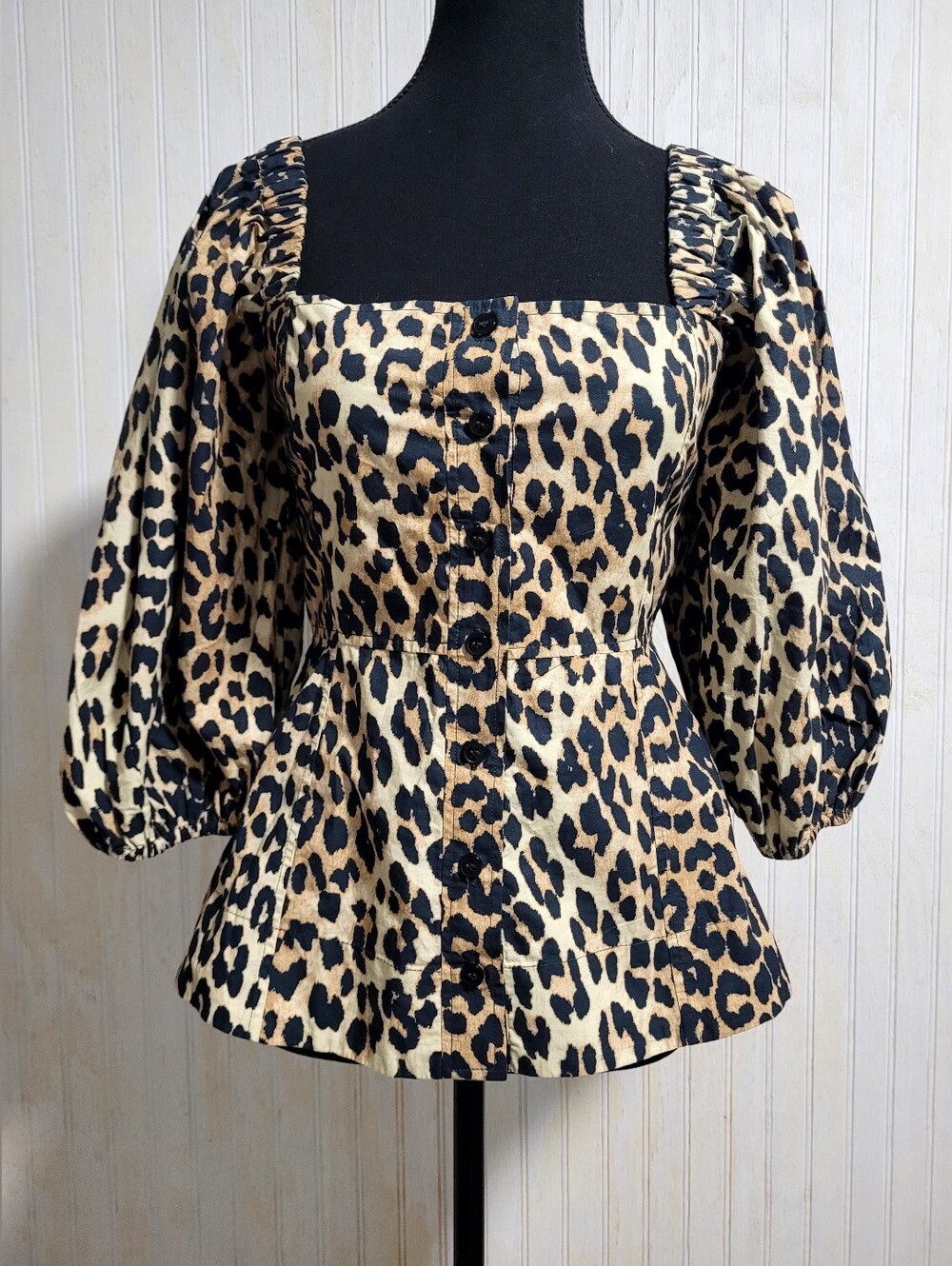 ​GANNI Leopard Print Cotton Poplin Peplum Blouse Size 34/XS